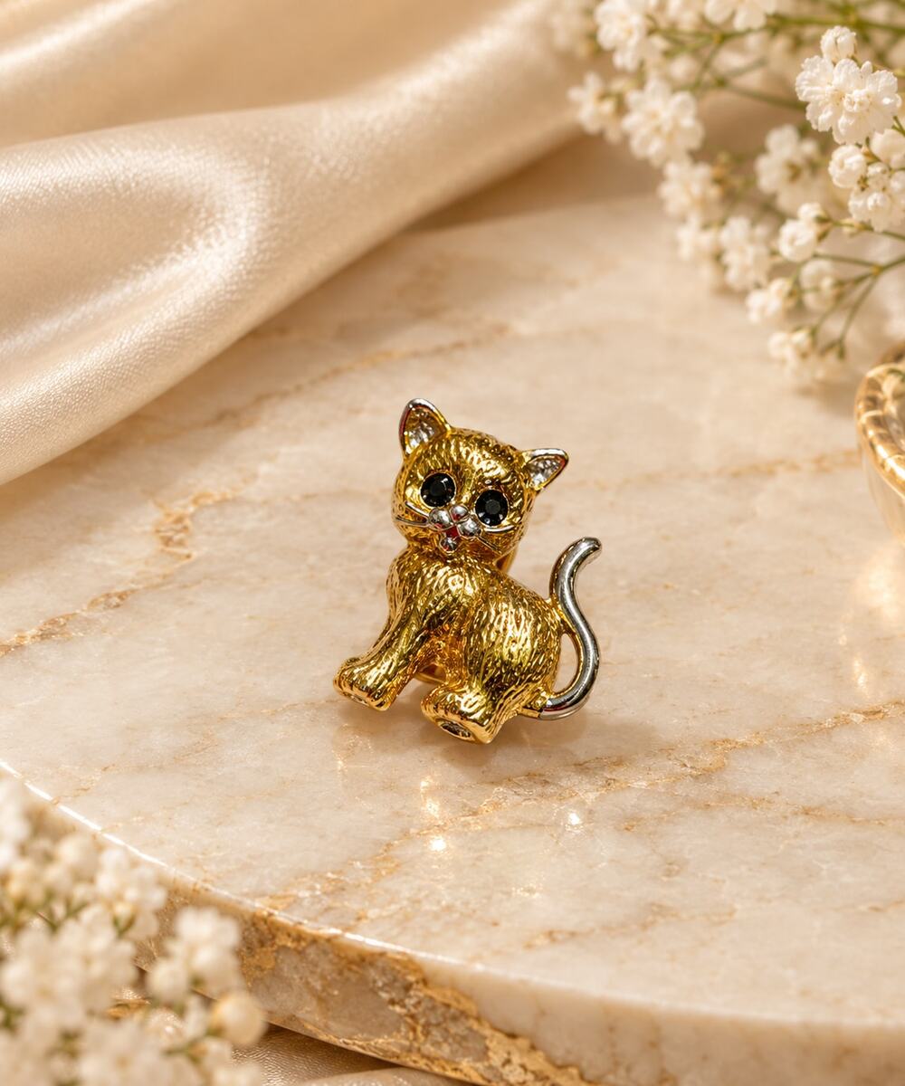 Adorable Butler Cat Brooch Gold Tone & Silver Tone Tail Black Eyes Textured Fini